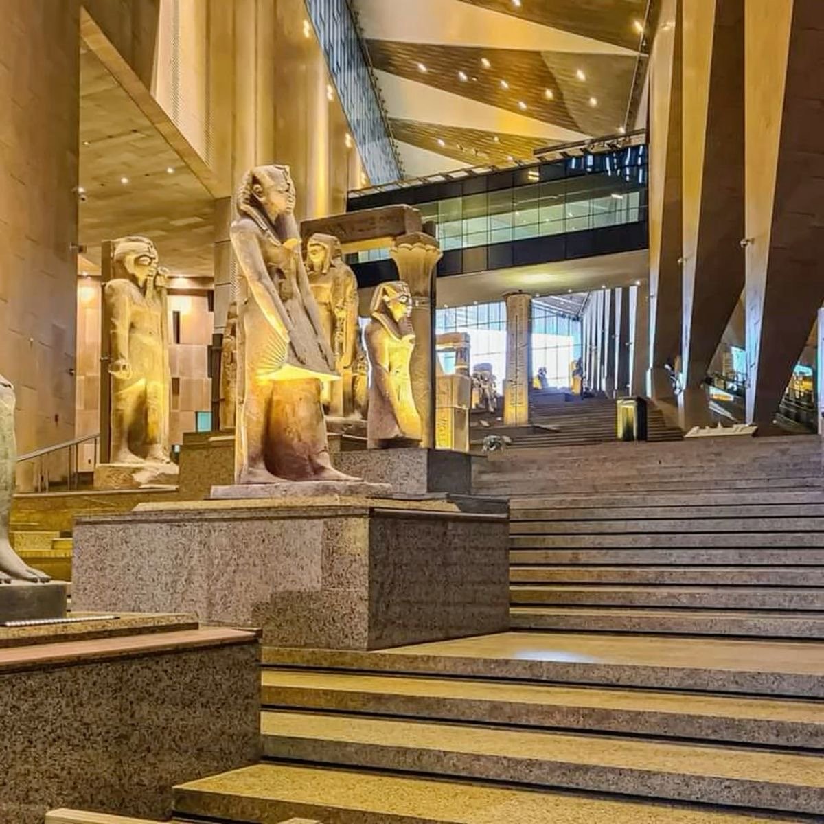 The stunning modern architecture of the Grand Egyptian Museum in Giza, Cairo.