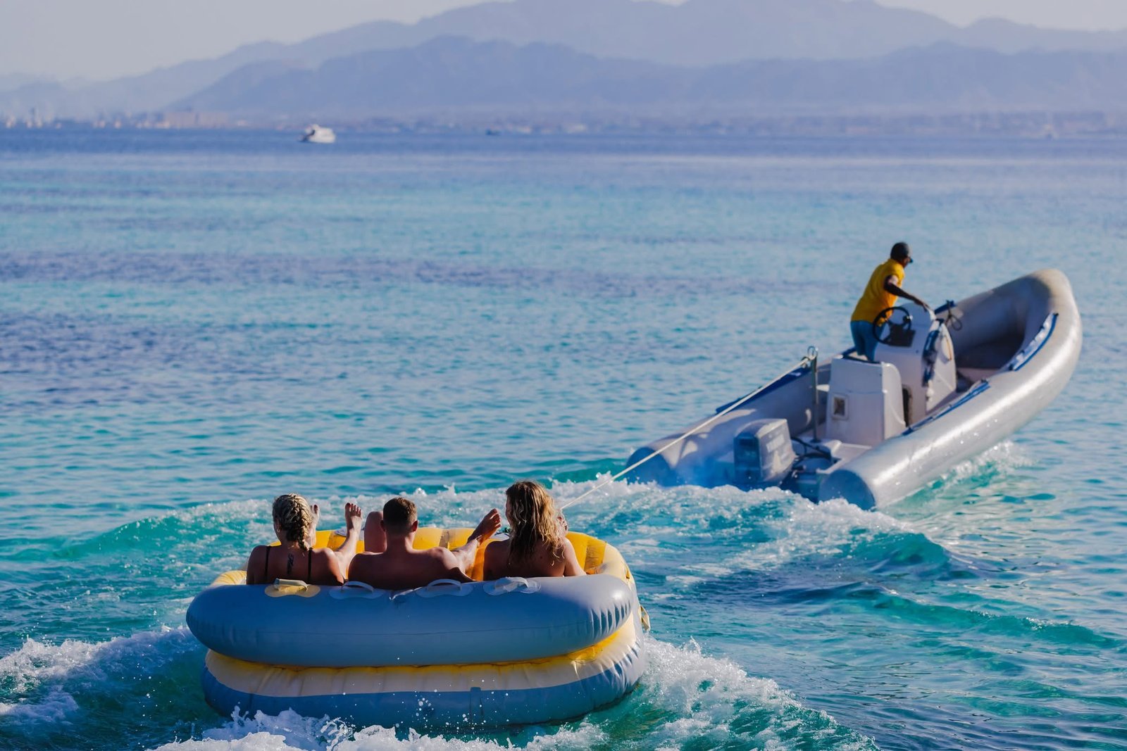 Comfortable boat transfer to Biance Island Utopia Safaga with shaded seating..