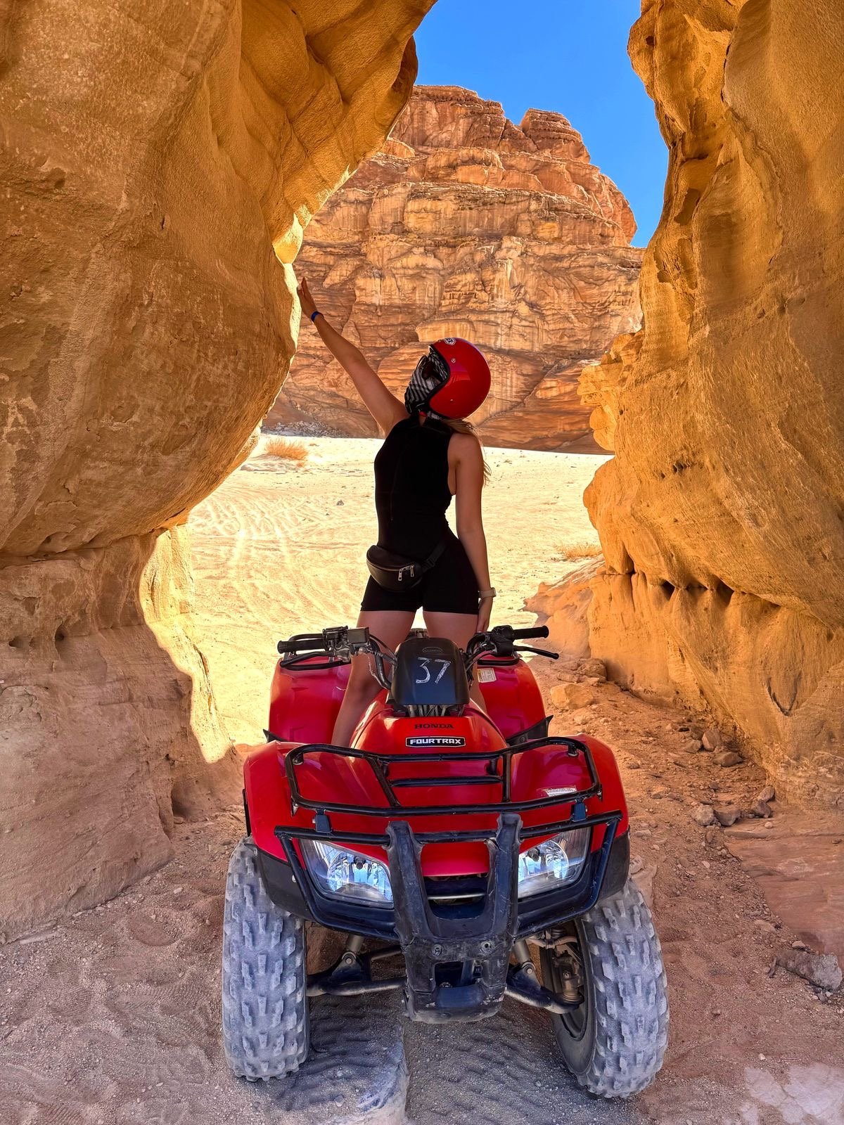 Chase the sun across golden dunes on the Desert Quad Safari Hurghada Sunset./