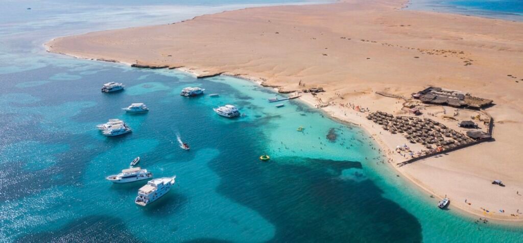 Snorkeling group at Giftun Island National Park protected reef Hurghada]